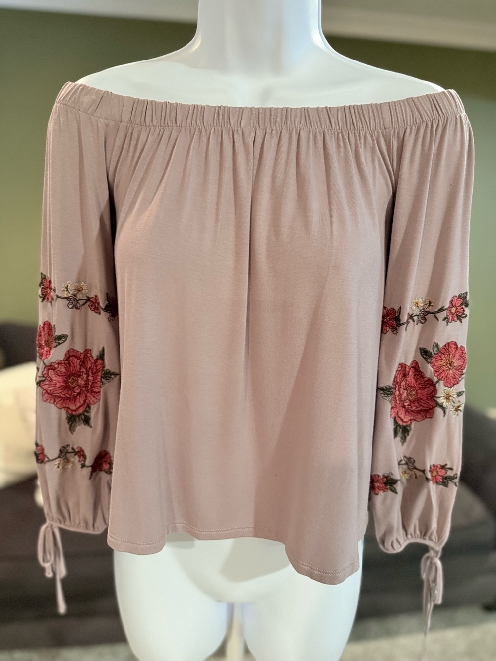 American Eagle Outfitters Blush Off-Shoulder Top with Floral Sleeve Embroidery